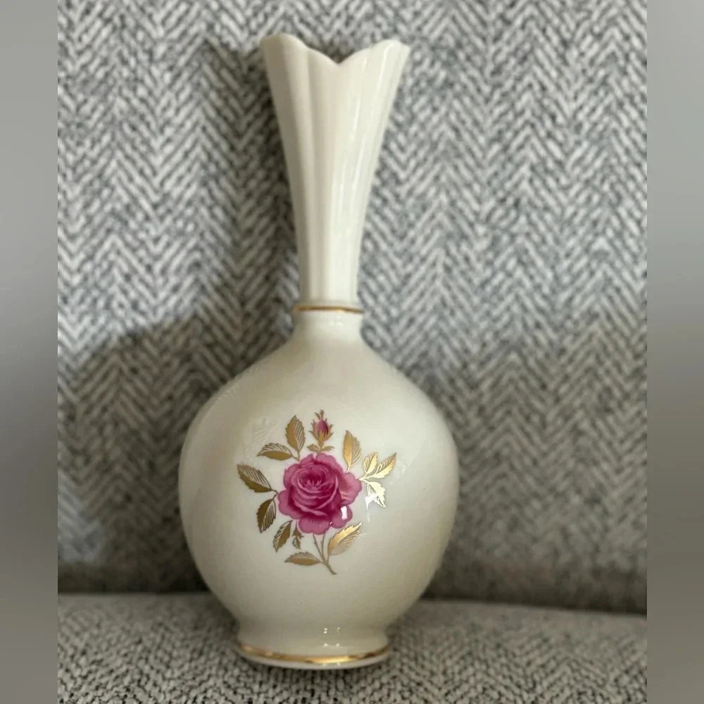 Lenox Roselyn 8" Bud Vase Pink Rose Gold Trim & Leaves Retired Vintage Porcelain